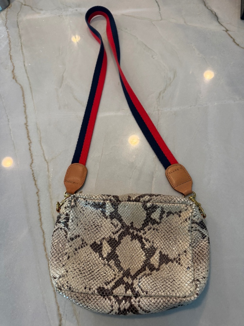 Clare V. Python midi sac with Clare V. red/blue shoulder strap